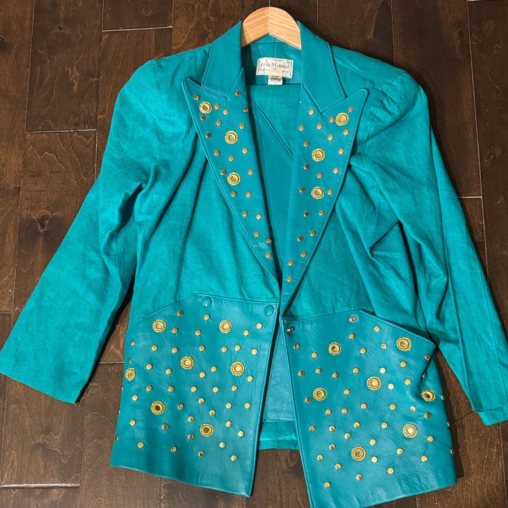 Cachet Turquoise Blazer pants suit with Gold Accents including matching pants